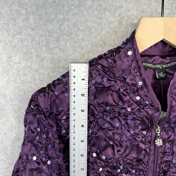 Adressing Jacket Womens Medium Purple Metal Silver Sequin Crinkle Embellished - Picture 13 of 16
